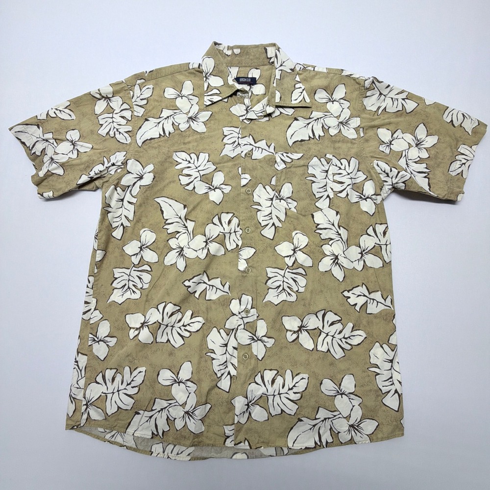 Hansom Club Mens Tan White Hibiscus Floral Tropical Short Sleeve Button Up Shirt
